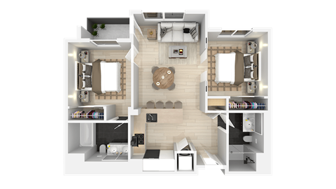 Floor plan for 2 beds, 2 baths, 878 sqft